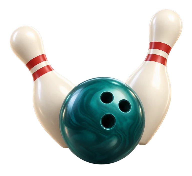 A teal bowling ball and two pins