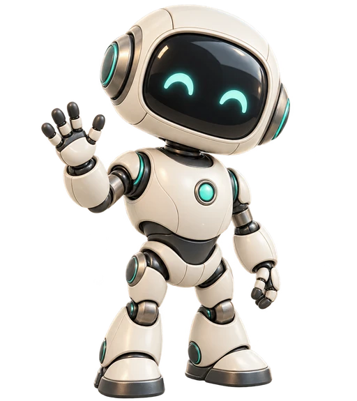 A friendly miniature ivory and teal robot waving hello