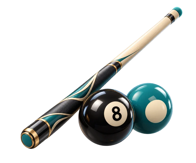 A pool cue with billiard balls