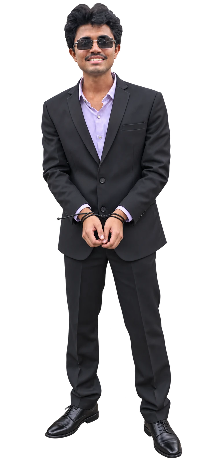 Aryan in a black suit, with shoes and a black thread looped around his wrists
